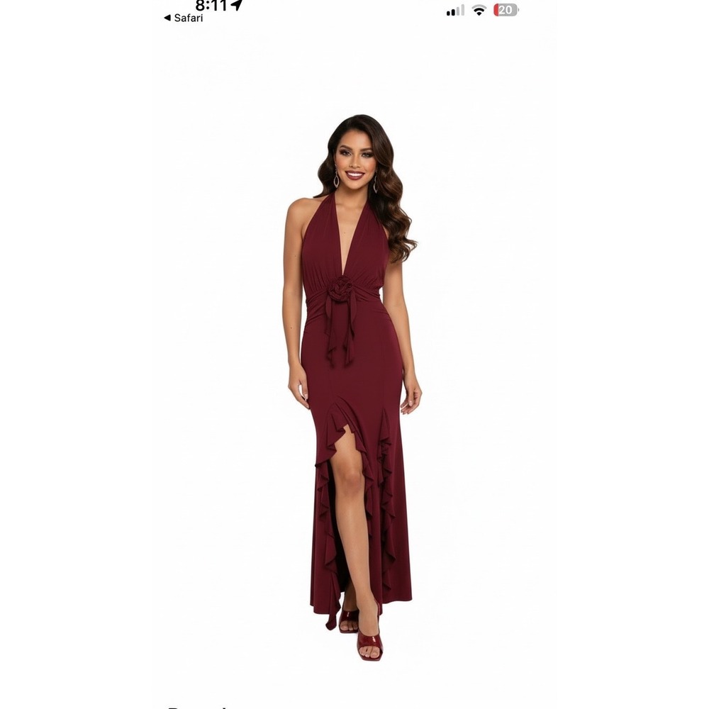 Leowna Halterneck Maxi Dress Burgundy Ruffle Slit Formal Gown Size M